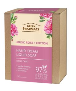 GREEN PHARMACY Muskusa roze un kokvilna Roku kopšanas komplekts (roku krēms, 100 ml + šķidrās ziepes, 460 ml)